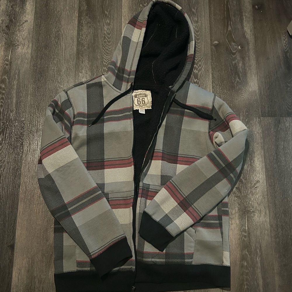 Men's Hooded Plaid Zip Jacket — Gray with Red Stripes